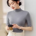 thumbnail image 2 of XIAONU Women's Solid Neck Top Slim Fit Elbow Sleeve Pullover Blouse Versatile Casual Office Daily Wear, 2 of 5