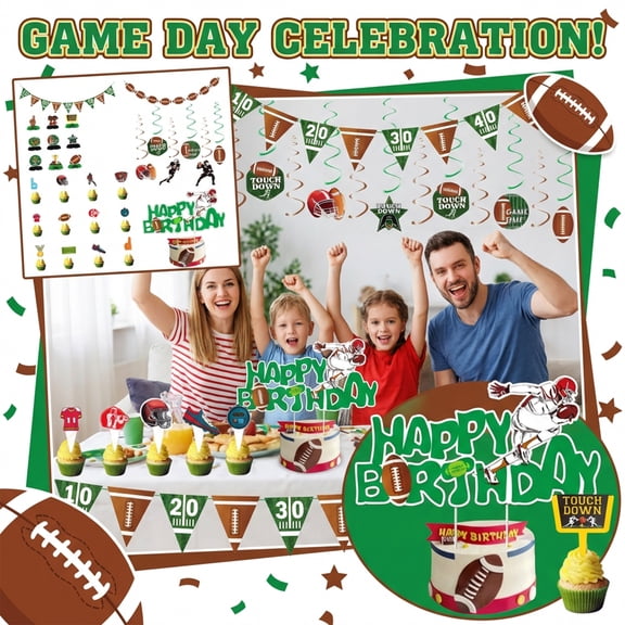 30PCS Game Time Football Party Decoration Set Paper Banner Garland Swirls Centerpieces and Cake Toppers for Super Bowl Celebration, Sports Fan Game Day Tailgate Birthday Decor Kit