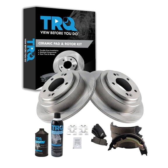 TRQ Rear Brake Pad & Rotor Kit; with Chemical Kit Parking Brake Shoe Set Ceramic Fits 2004-2006 Kia Amanti