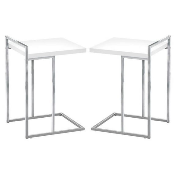 Home Square Wood Panel Top C Side Table in Glossy White and Chrome - Set of 2