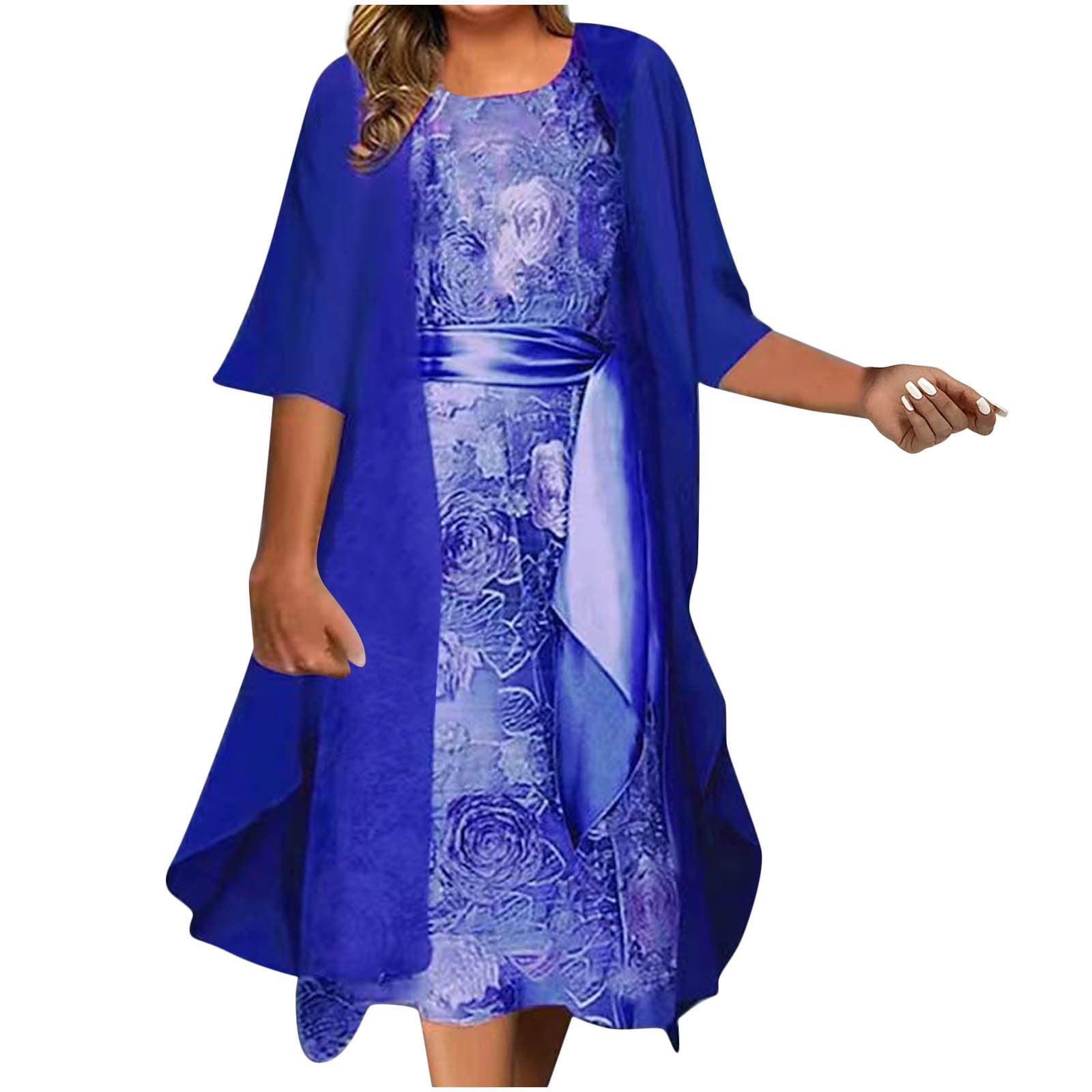 fartey Women Plus Size Two Piece Set Roomy Sleeveless Crewneck Floral Print Maxi Dress with Solid Color 3/4 Sleeve Cardigan Suits, S-5XL