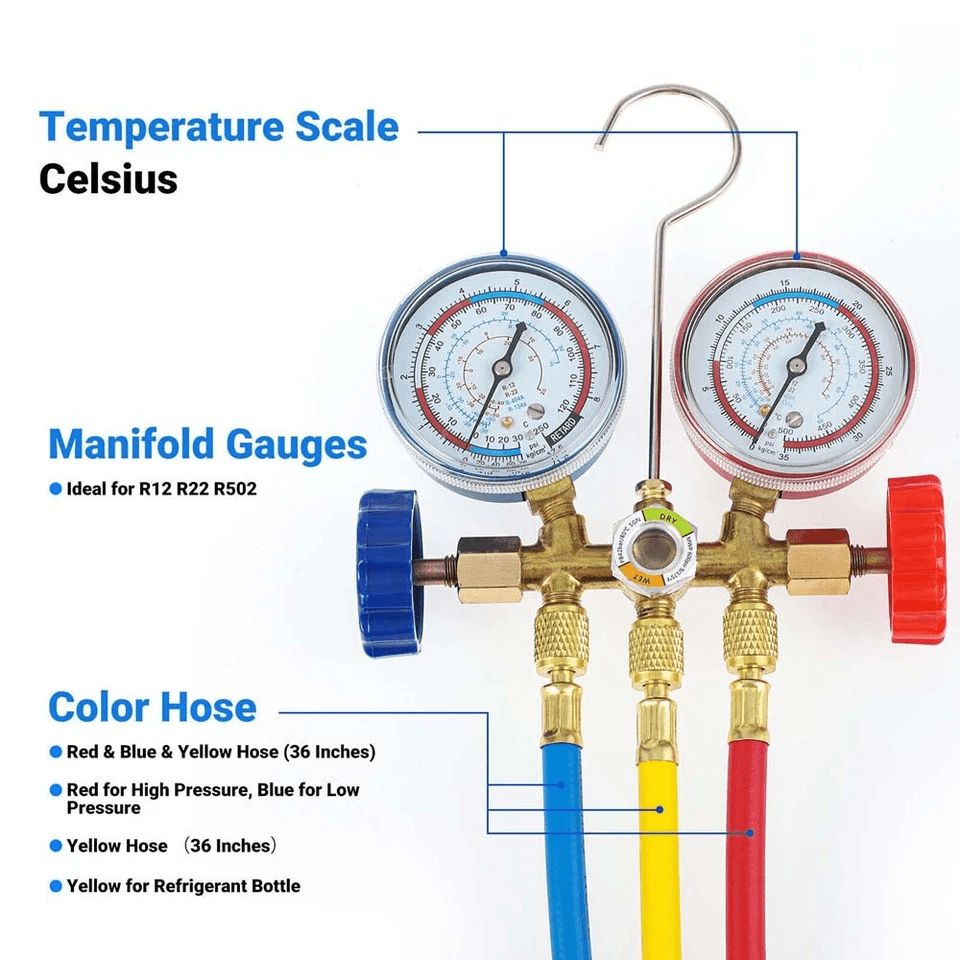 HVAC Manifold Gauge, Car Refrigerant Recharge Leak Double Meter, Air Conditioning Fluorine Adding Tool W/ 1/4 Connectors 3-Color 35" Hose Support 500psi Working Pressure