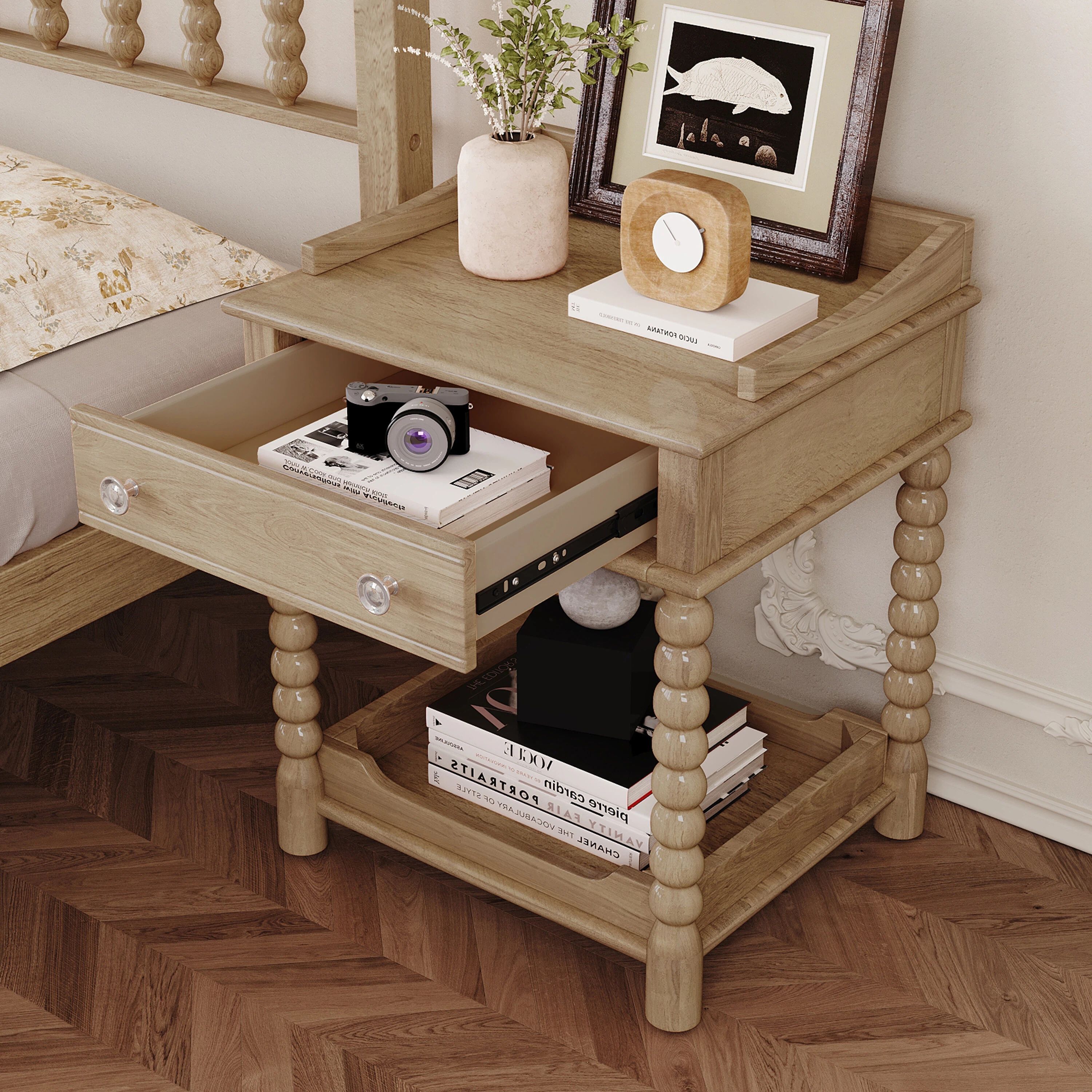 Euroco Retro Nightstand with Storage Drawer, 20 Inch Wider Bedside Table with Bottom Shelf,2-Tier Wood End Table for Bedroom, Living Room, Closet,Natural