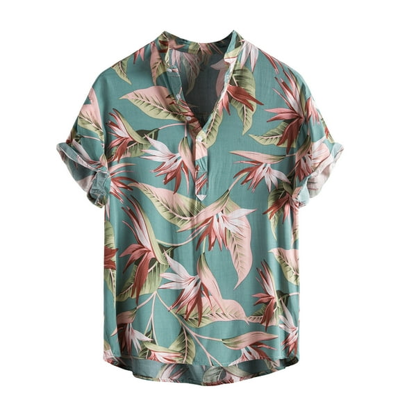 JINMGG Mens Tops Clearance under $5,Men Hawaiian Short Sleeve Beach Shirt Printed Summer Casual Button Turn-down Collar Shirts