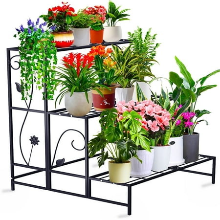 flyclix 3-tier metal plant stands for indoors and outdoor use – durable waterproof plant shelf perfect for displaying large planters flower pots and indoor gardens on your patio balcony