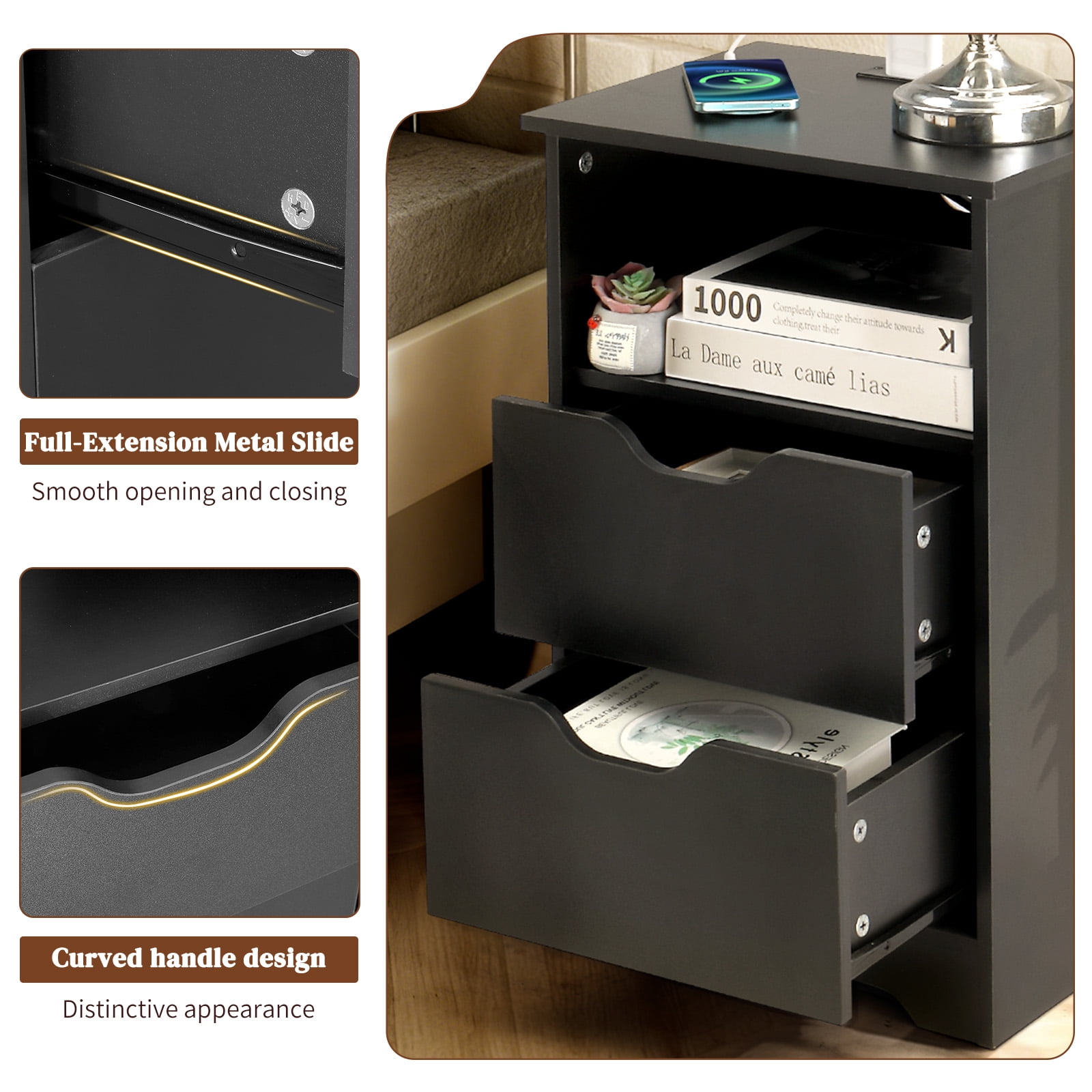 Ktaxon Set of 1 NightStand with Charging Station BedsideTable with 2 Storage Drawers,End Side for Bedroom,Country Style Black