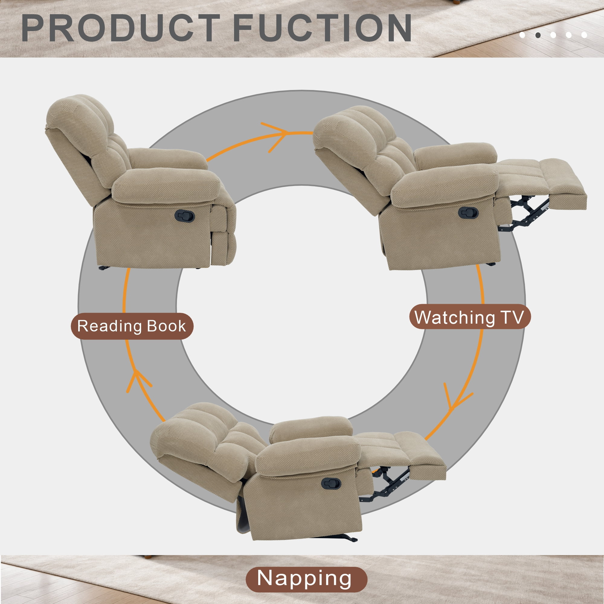 Rocker Recliner Chair with Manual Recline and Rocking Function, Modern Reclining Chair and Lounge Seating with Nubby Fabric for Living Room, Camel