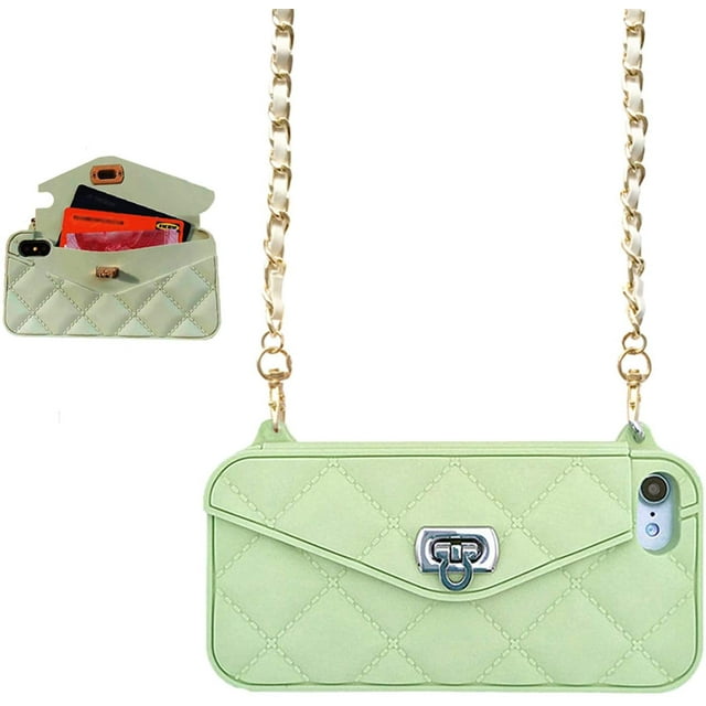 Wallet Case Compatible with iPhone, Pretty Luxury Bag Design, Purse Flip Card Pouch Cover Soft Silicone Case with Hand Holder Long Shoulder Strap(Light Green,iPhone 12)