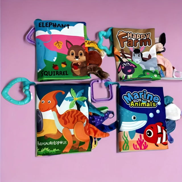 QJUHUNG Early Learning Cloth Books Set for Toddlers - 4-Pack Interactive Fabric Tail Books Tear-Resistant Crinkle Paper and BB Sound Features for Sensory Development Suitable for 0-3 Y
