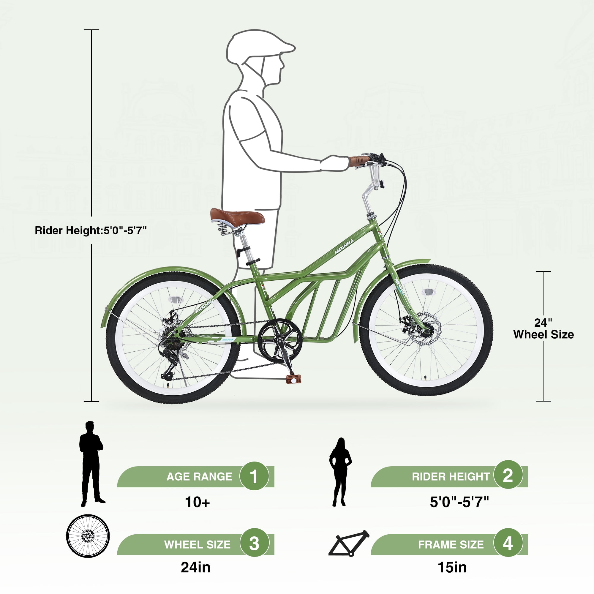 Meghna 24 inch Commuter Bike 6 Speed Dual Disc Brake with Front Storage for Women Daily Commuting Green