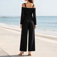 thumbnail image 6 of MexChoioe Womens Off Shoulder Jumpsuits Long Sleeve Contrast Trim Wide Leg Pocket Casual Vacation Rompers, 6 of 7