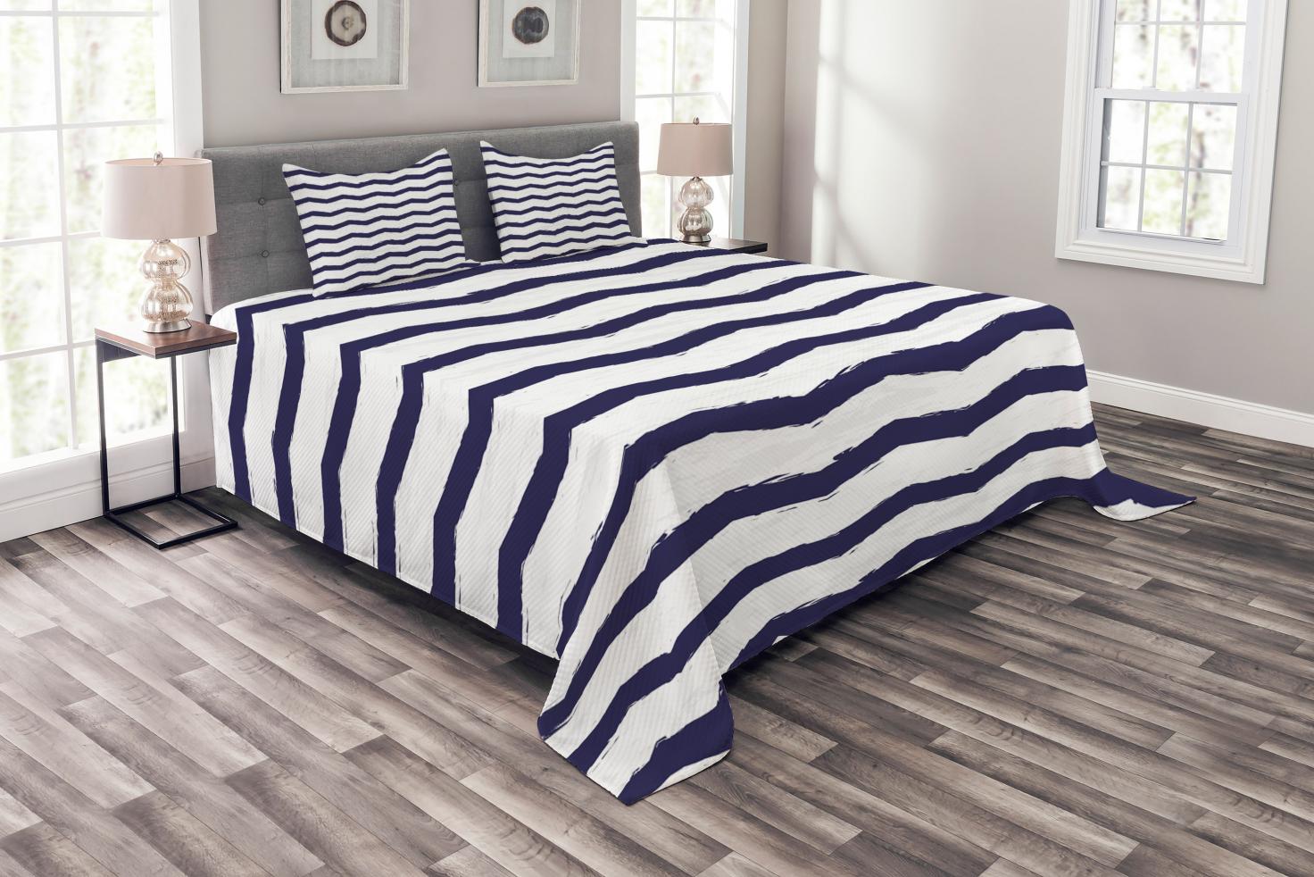 Navy Bedspread Set, Chevron Twisty Pattern in Nautical Style Tones