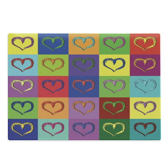 Art Cutting Board, Warholesque Vivid Hearts in Colorful Squares Pop-Art Inspired Art Sixties Retro, Decorative Tempered Glass Cutting and Serving Board, Large Size, Multicolor, by Ambesonne