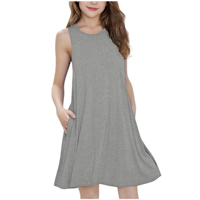 Yuyuzo Robes Midi d'Été pour Filles Amples Décontractées Sans Manches Mignonnes Ligne A Fluides Robe d'Été avec Poches