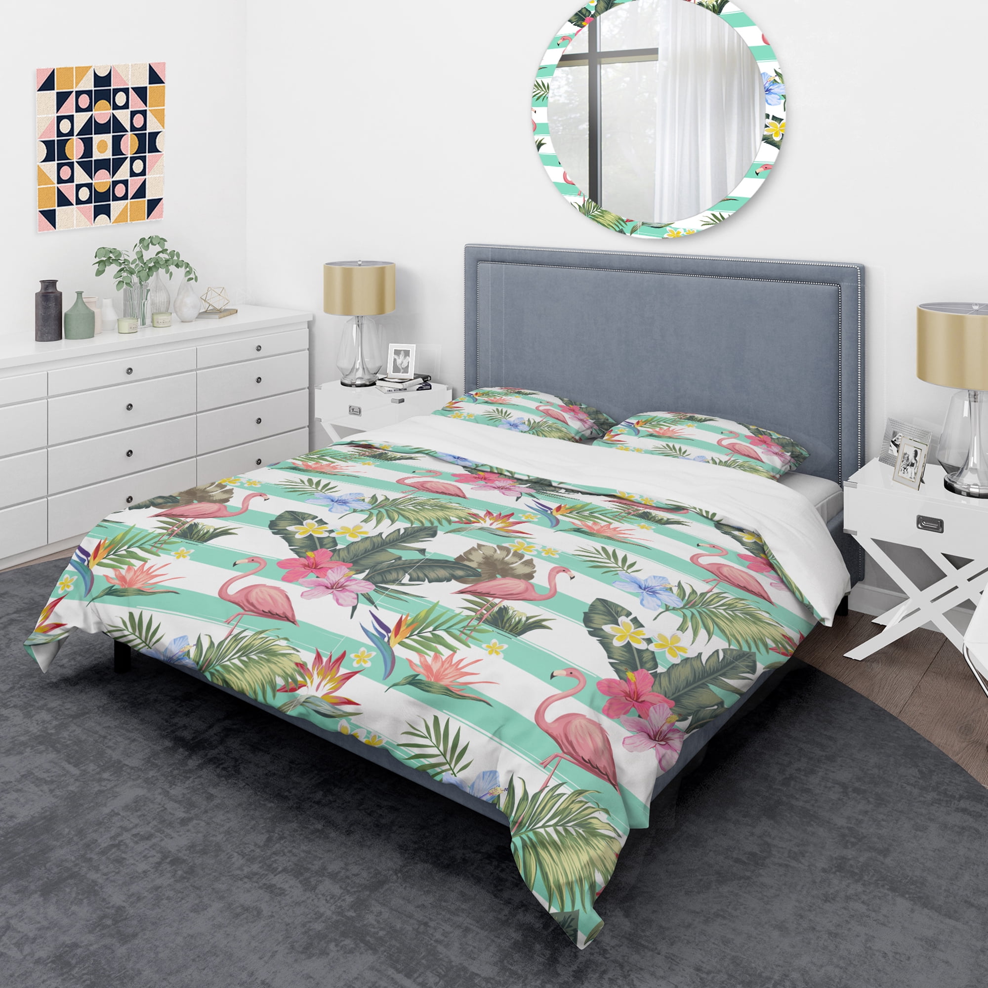 Designart 'Tropical Botanicals, Flowers And Flamingo' Mid-Century Modern Duvet Cover Set