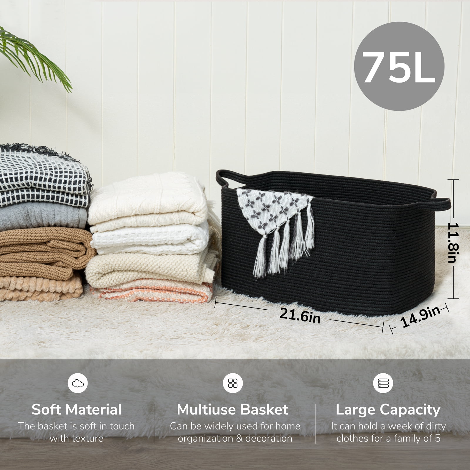 TIMEYARD Large Blanket Basket, 21.6" x 14.9" x 11.8" Rectangle Woven Baskets for Storage-Black