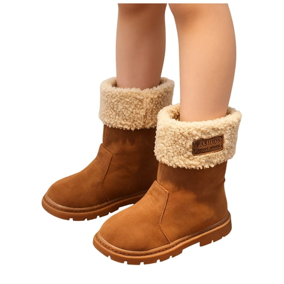 Dakaela 3-13Y Girls Boys Winter Boots Fleece Lined Toddler Snow Booties Comfortable Suede Outdoor Dressy Plush Mid Calf Boot Brown