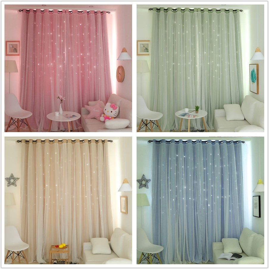 Jetcloudlive 1/2PCS Full Blackout Curtain Double-decker Nordic Style Bedroom Living Room Curtain Hollow Star Net Princess Wind Curtain - image 4 of 16