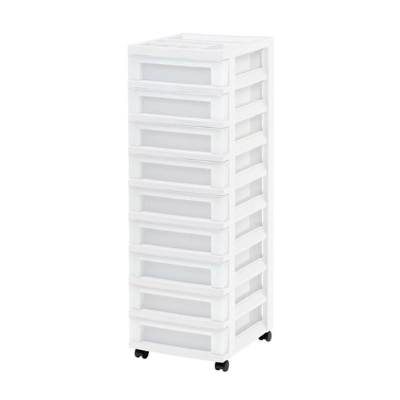 9-Drawer Narrow Plastic Storage Drawer Cart with Organizer Top, White