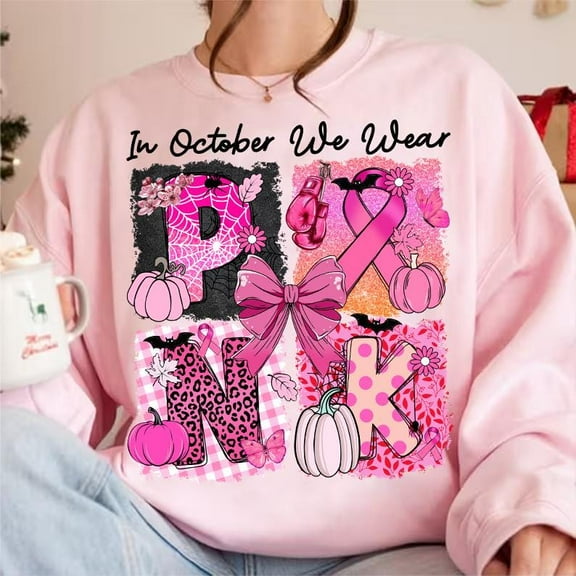 In October We Wear Pink Sweatshirt, Breast Cancer Awareness Halloween Shirt, Retro Pink Pumpkin SWEAT Sweatshirt, Support Hope Ribbon Fall Top BO120680