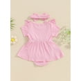 thumbnail image 3 of FEORJGP Infant Baby Girl Romper Dress 0 3M 6M 9M 12M 18M Newborn Short Sleeve Jumpsuit Solid Color Ribbed Ruffled Round Neck Bodysuit Dress with Bow Her Solid Cute Daily Clothes for Vacation, 3 of 8