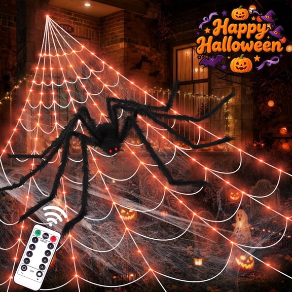 Scidweet Halloween Decorations Outdoor, 350 LED Halloween Spider Web Lights with 79" Large Spider for Outside Garden Yard Home Decor, Orange