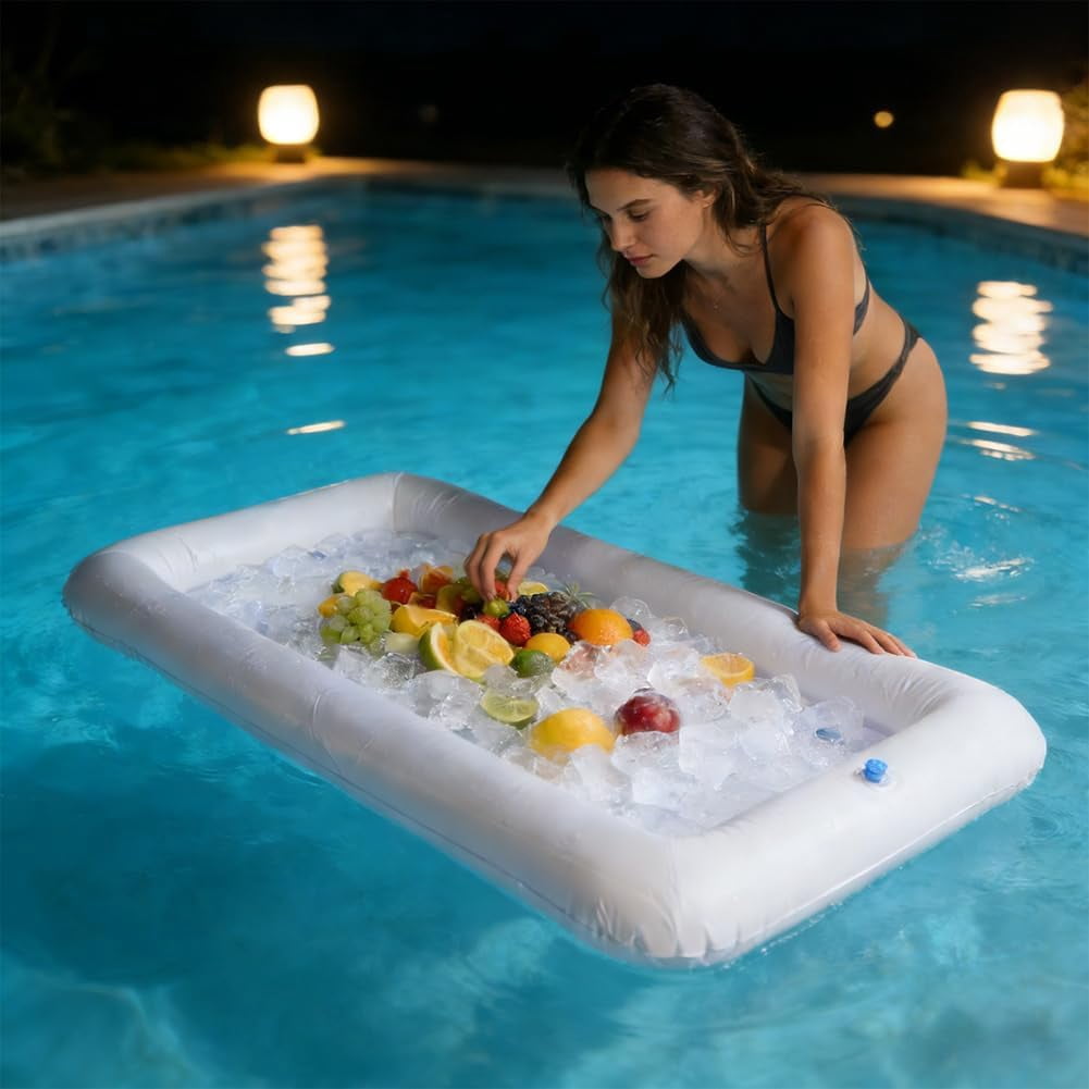 2 Pack Inflatable Ice Serving Bar Pool Party Buffet Drink Cooler Floating Ice Tray Food Drink Containers for Summer Parties with Inflatorce