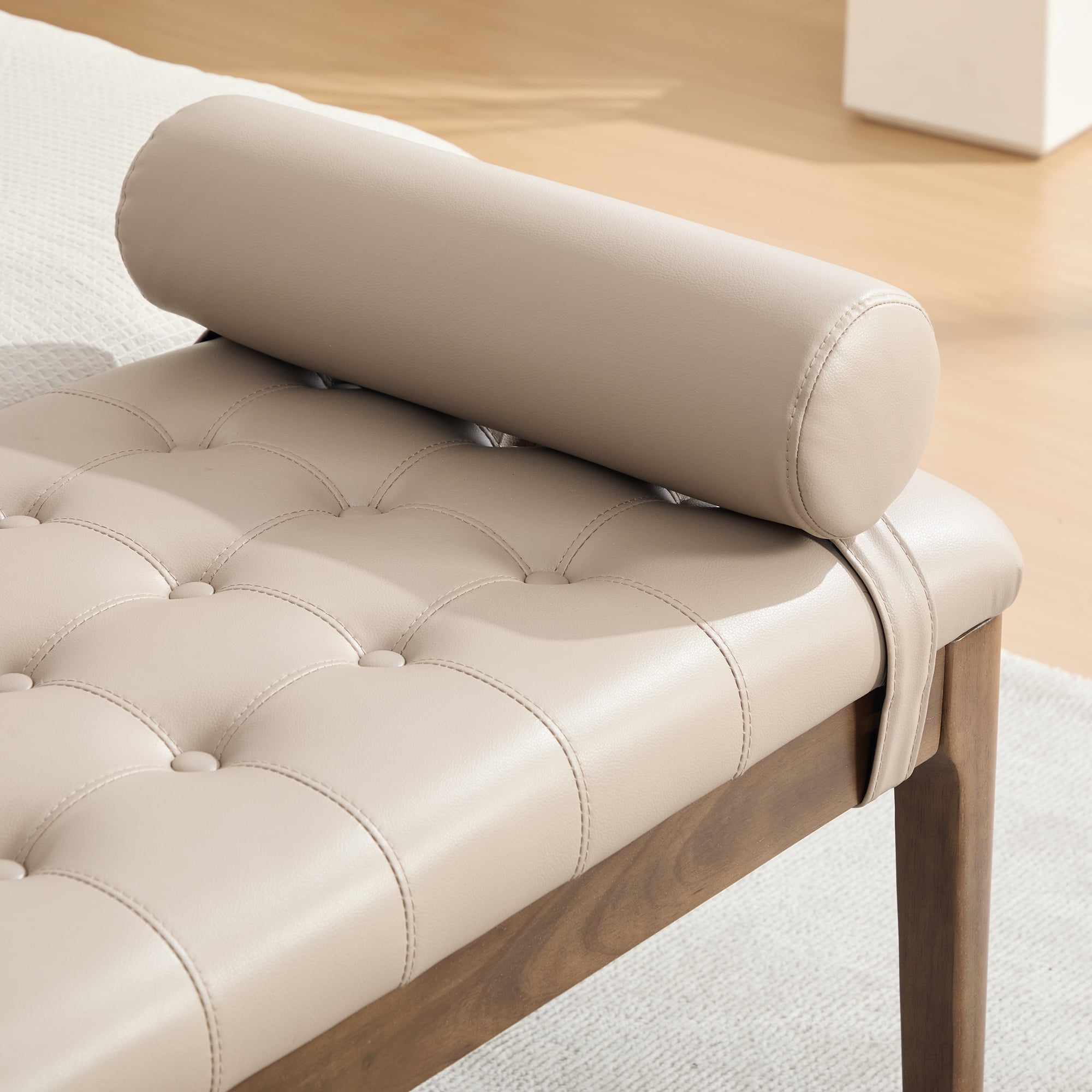 Upholstered Bed Bench 66 Inch, Button Tufted Faux Leather Bench with Dark Walnut Legs, End of Bed Bench for Bedroom and Entryway, Taupe