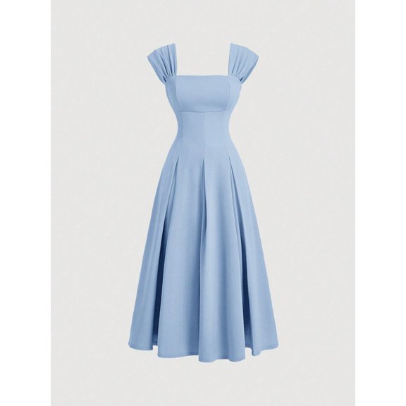 Blue Square Neck Shell Sleeve Pleated A-Line Midi Dress For Formal Occasions