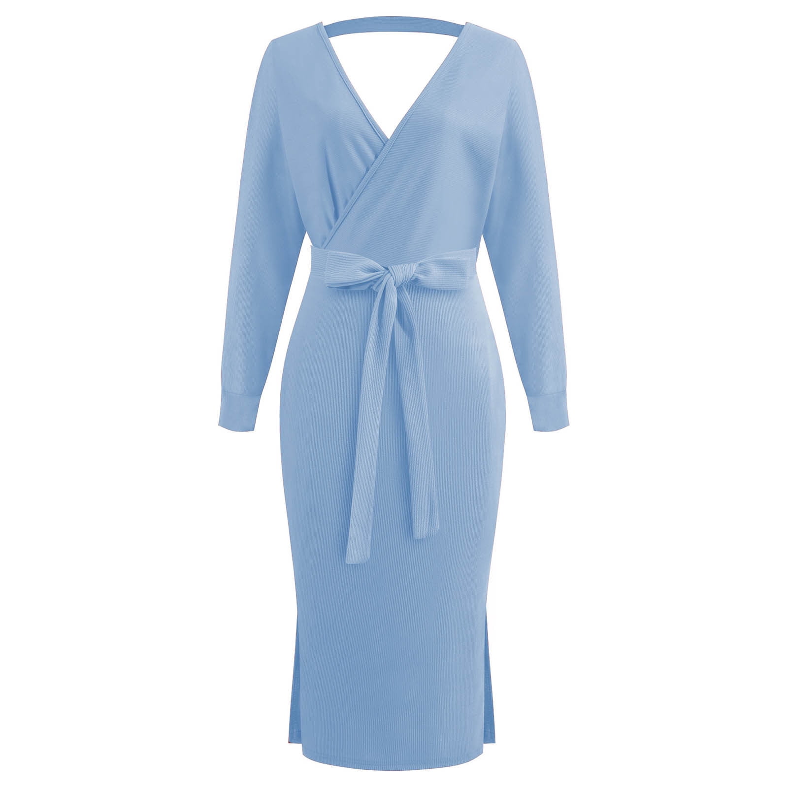 Knitted Sweater Wrap Midi Dress Womens Puff Long Sleeve V Neck Tie Waist Bodycon Split Pencil Dress with Belt (Large, Light Blue)