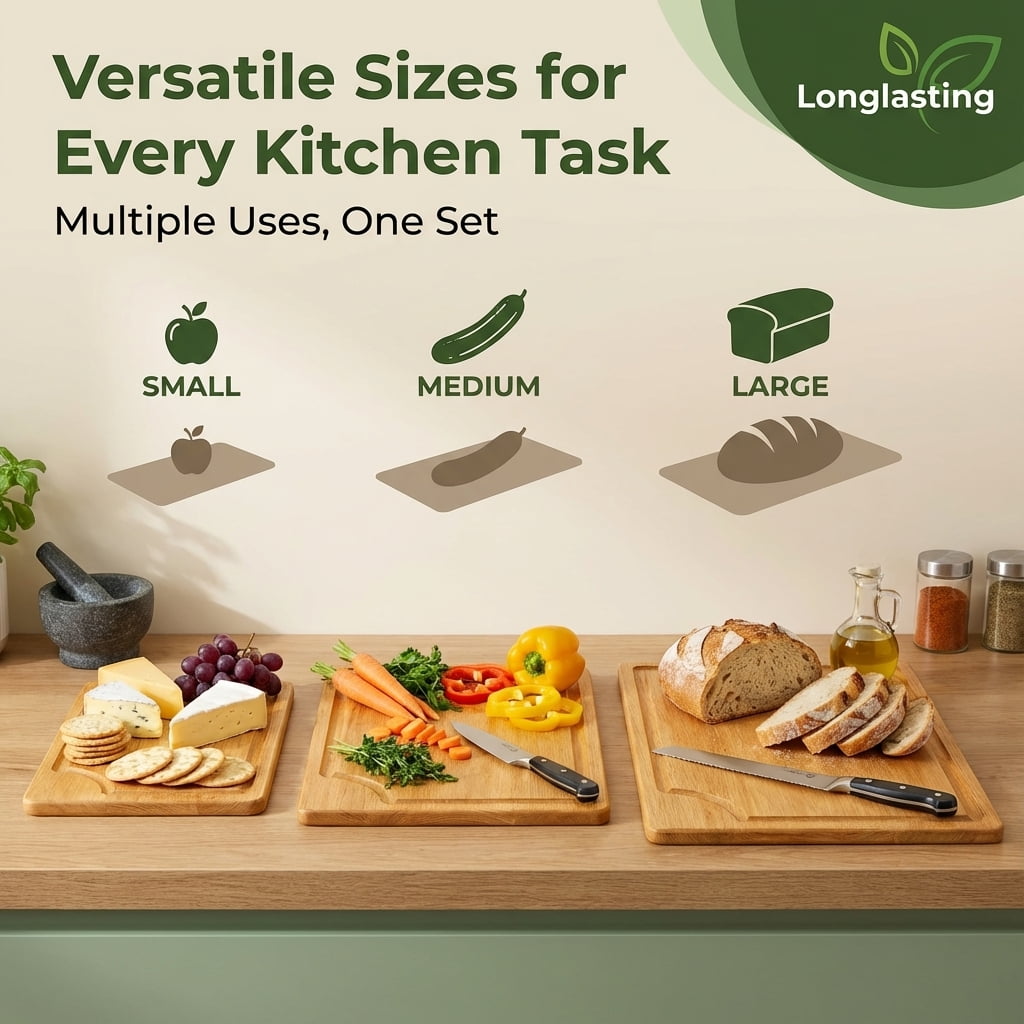3-Piece Wooden Cutting Board Set with Juice Grooves, Mango Wood Chopping Boards for Kitchen Prep and Charcuterie Serving, Eco Friendly Multi Size Cutting Boards with Built-in Handles (Natural)