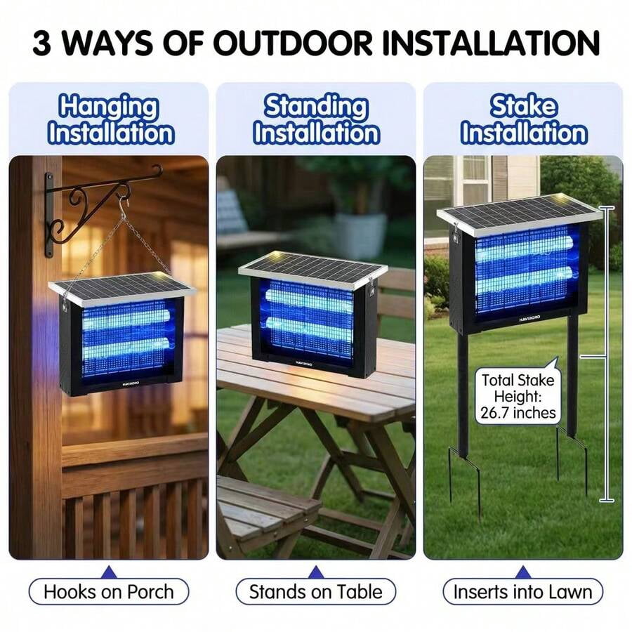 Rechargeable Outdoor Solar Bug Zapper with LED Night Light, Electric Insect Zapper for Patio, Backyard, and Garden Use