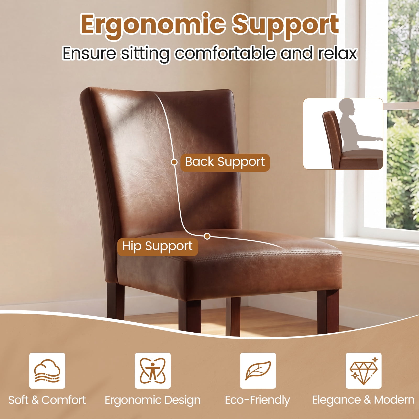 Firmoz Set of 2 Faux Leather Dining Chairs, Parson Modern Kitchen Chairs with Wood Legs, Brown