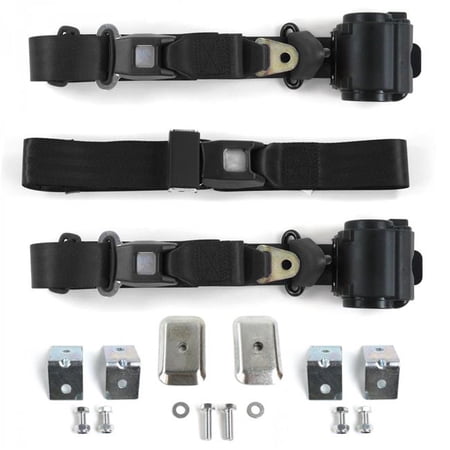SafeTBoy Standard 3 Point Black Retractable Bench Seat Belt Kit with Bracketry & 3 Belts for 1966-1977 Ford Bronco