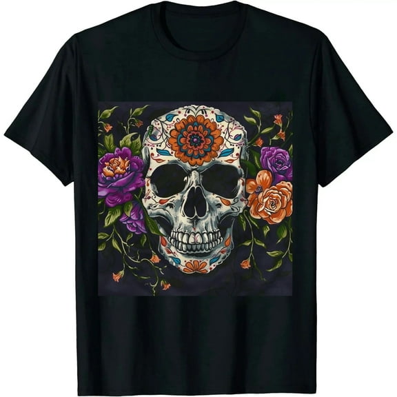 Qinduosi Floral Women's Long Sleeve T-Shirt Calavera Muertos Black