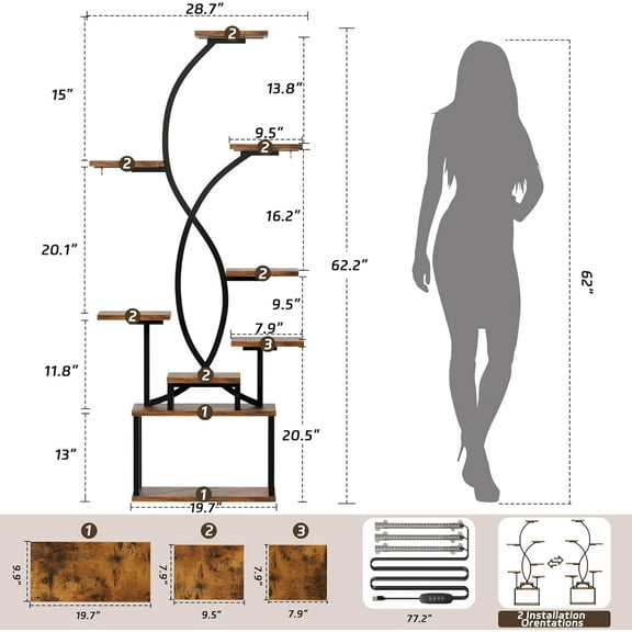 Plant Stand Indoor with Grow Lights,62.5" Tall Plant Light Shelf, 9 Tiered Grow Light Shelf for Indoor Plants, Large S-Shape Corner Plant Shelf, Flower Display Holder for Living Room, Bedroom, Decor