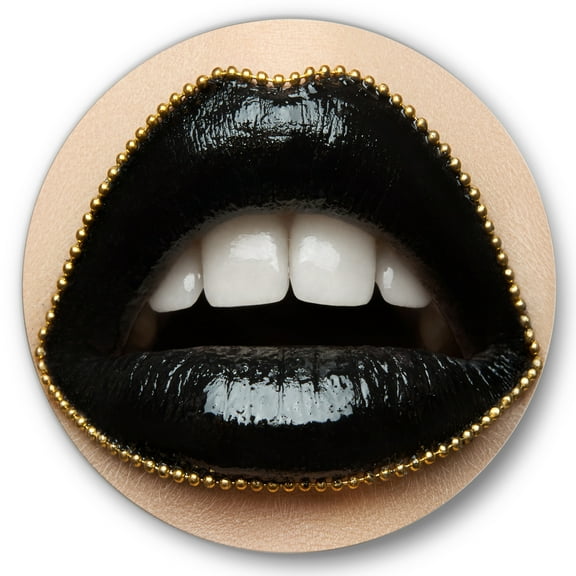 Designart 'Woman Lips With Black Lipstick & A Gold Chain' Modern Circle Metal Wall Art 36x36 - Disc of 36