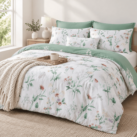 02: Mint Garden(no Comforter), Queen (90×90 inch) Cotton Floral Duvet Cover Set