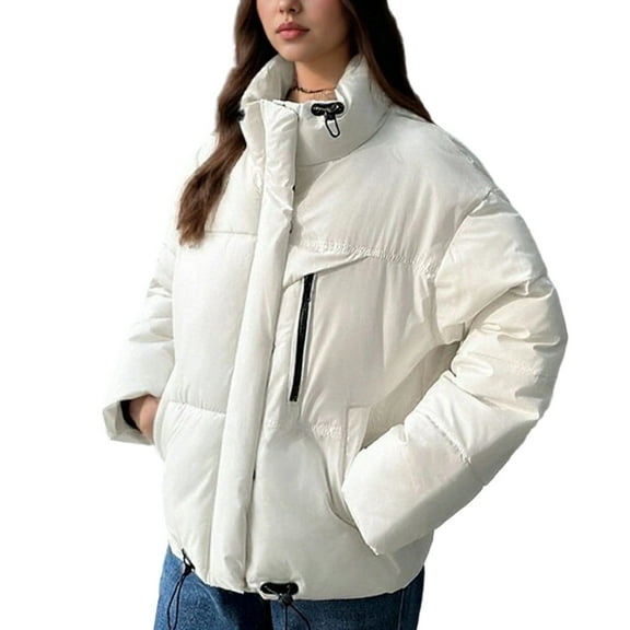 Plus Size Winter Coat for Women Casual Colored Long-Sleeved Hooded Jacket Hooded Puffer Jacket(White L)