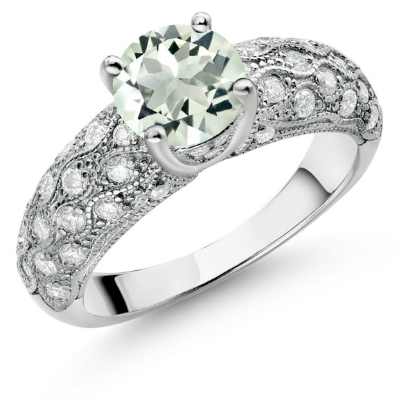 Gem Stone King 925 Sterling Silver Green Prasiolite and White Moissanite Engagement Ring for Women (1.44 Cttw, Round 7MM, Gemstone, Size 5)