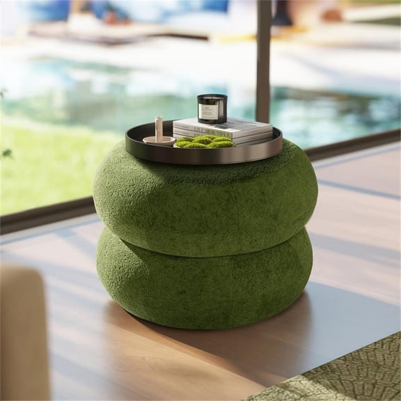 Pemberly Row 19.5" Low Round Upholstered Ottoman in Moss Green Fleeced Teddy
