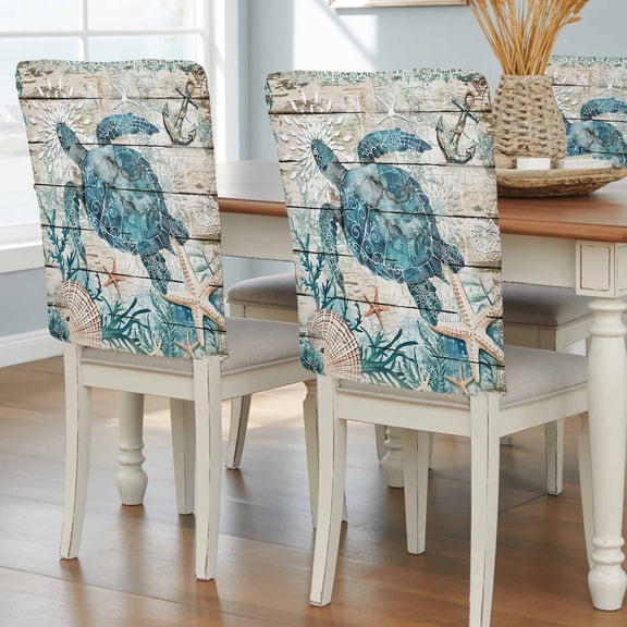 Teal Sea Turtle Coastal Chair Back Covers, Removable Chair Covers for Dining Chairs Set of 8, Washable Chairs Slipcovers Back Seat Protector for Wedding Party 19"x20"