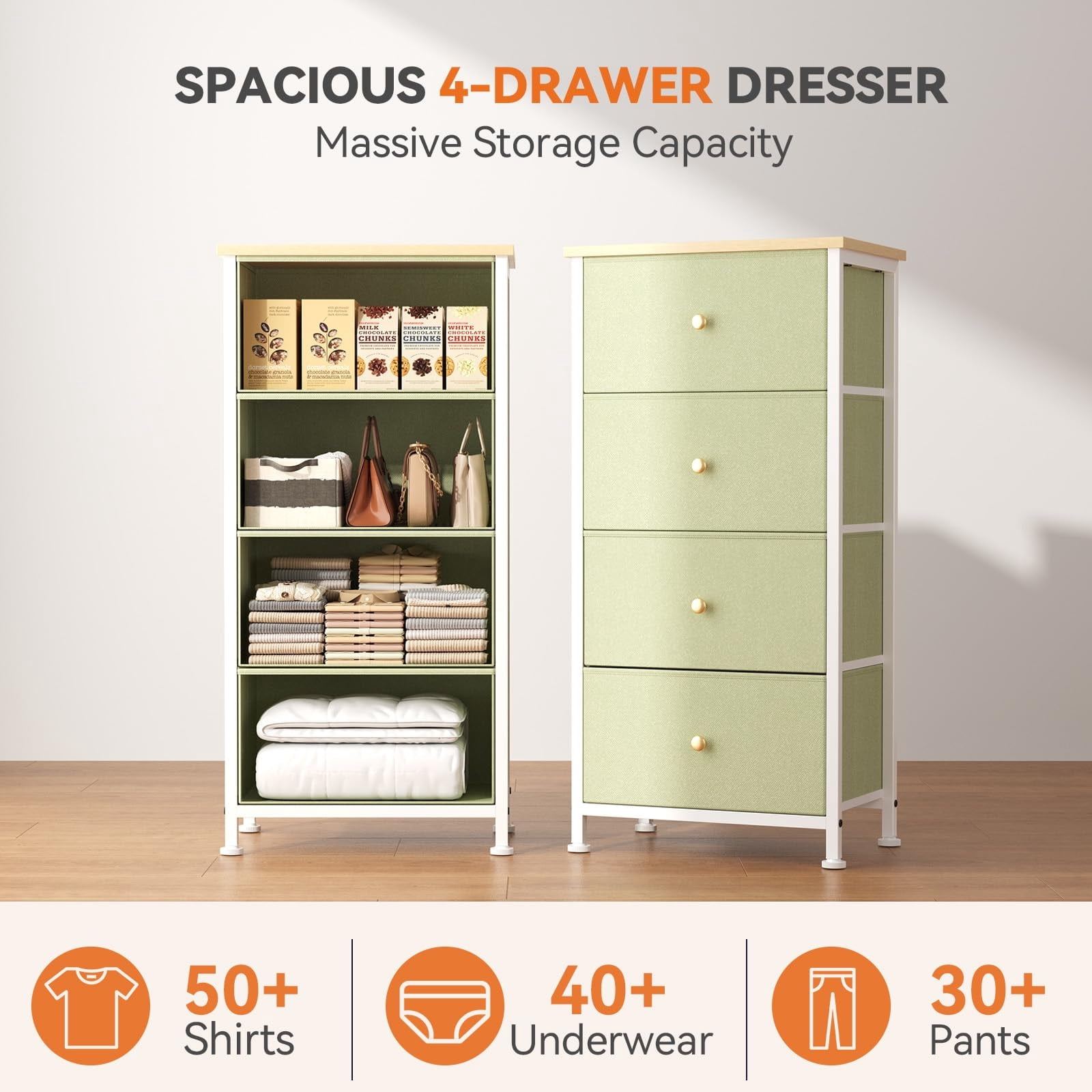 Telyra 4-Drawer Fabric Dresser 37.4" Tall Storage Tower with Wood Top and Steel Frame Narrow Organizer, Light Green