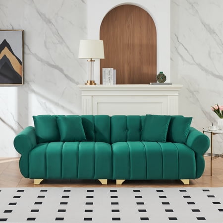 FFZ 89-inch Flannelette Sofa with Spring-Wrapped Cushions, Metal Feet and 4 Throw Pillows, Green