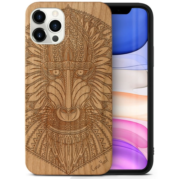 Case Yard Wooden Case Outside Soft TPU Silicone Slim Fit Shockproof Wood Protective Phone Cover for Girls Boys Men and Women Supports Wireless Charging Baboon Monkey Design case for iPhone-12-Pro-Max