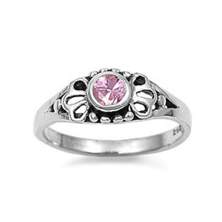CHOOSE YOUR COLOR Pink CZ Classic Cutout Polished Baby Ring .925 Sterling Silver Band (Pink Simulated CZ/Ring Size 1)