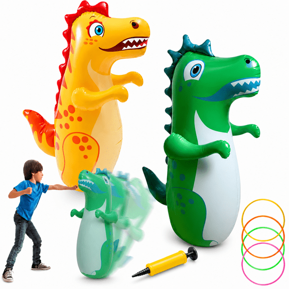 2 Pack Inflatable Punching Bag,4 Rings Ring Toss,Portable Inflatable Dinosaur Sandbag,Boxing Bag for Entertainment Boxing Training Game,38 in Tall,Green and Yellow