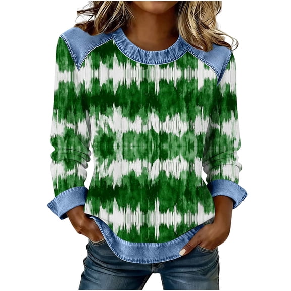 Qgtaibl Womens Long Sleeve Plaid Shirts Denim Patchwork Crew Neck Tunic Tops Loose Fit Comfy Daily Blouse C Green XXL