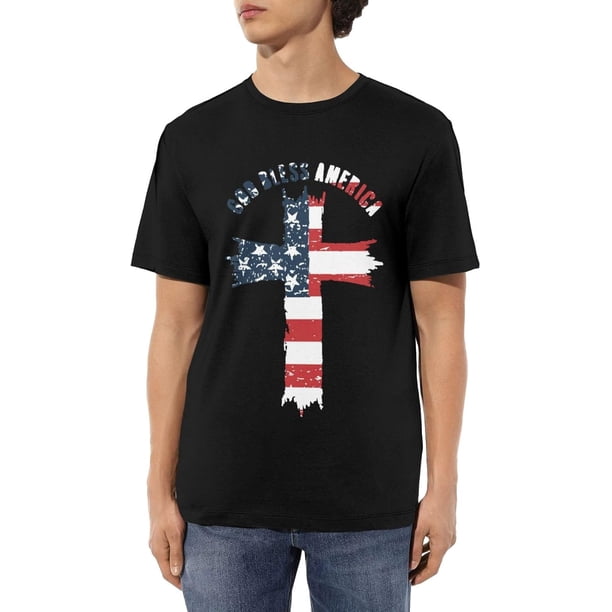 Jesus Cross America Flag Men's Cotton T-Shirts Casual Basic Crew Neck Tshirts Short Sleeve Fashion Tee Shirts,