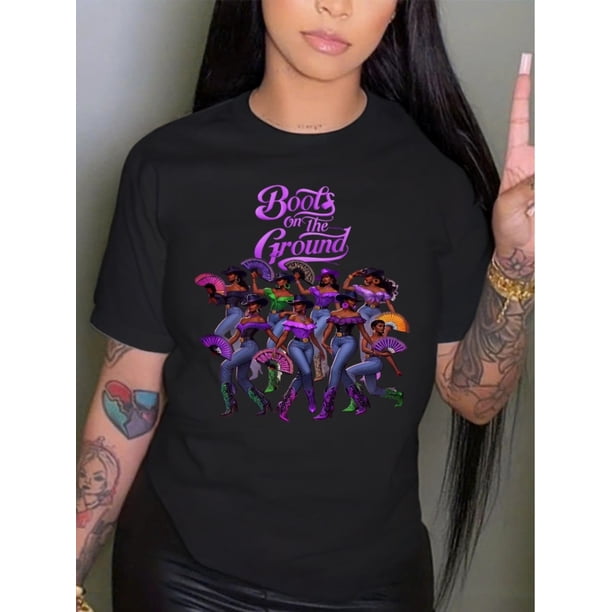 Boots on the Ground Purple Dancing Queens Graphic Print Women's Oversized T-Shirt - Black Round Neck Short Sleeve Casual Top, Breathable & Comfortable for Outdoor Sports, Travel, All-Season Wear, Tra